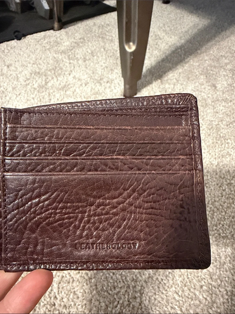 Monogrammed CP Brown Leather Men's Bifold Wallet with flap.